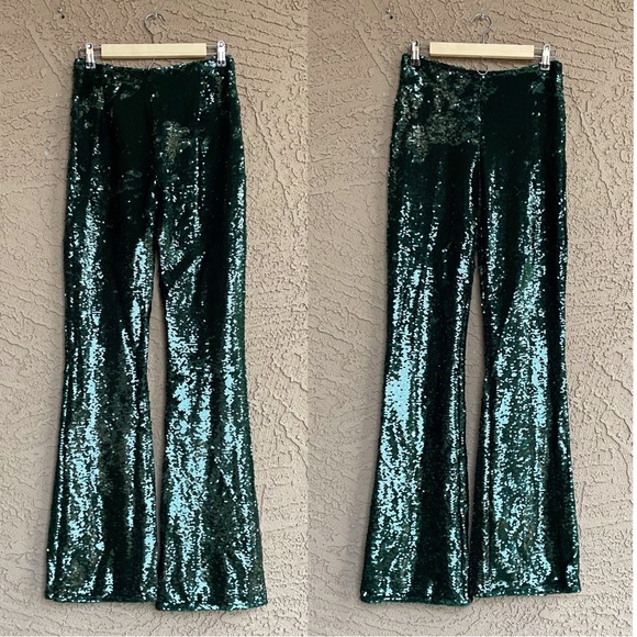 ZARA NWT BLOGGER FAVE Emerald Green Sequin Flare Leg Pants Holiday Party Pants - Picture 7 of 17